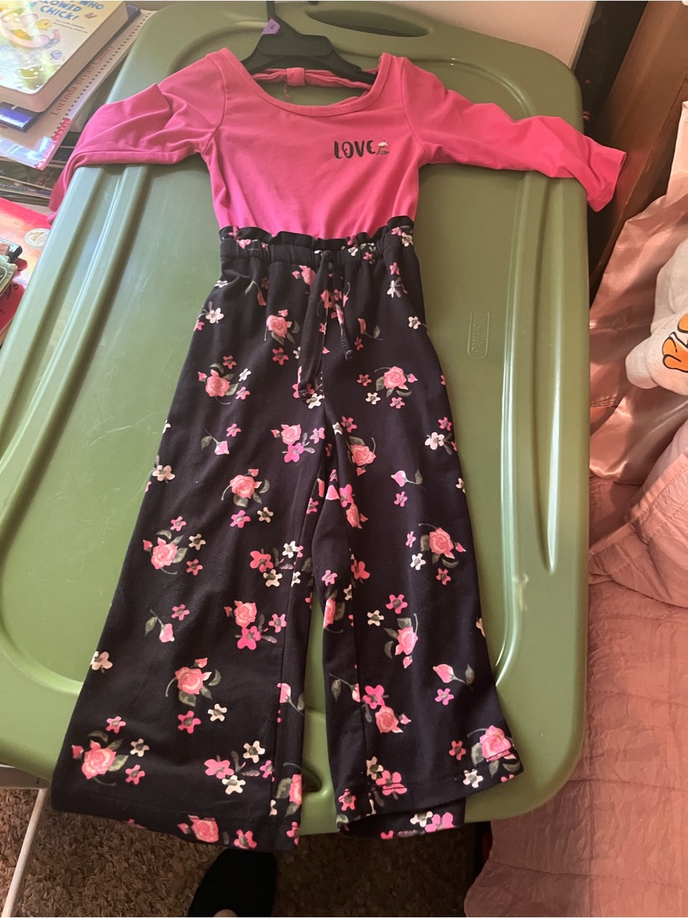 Girls Pink Top and Black Floral One-Piece romper Set